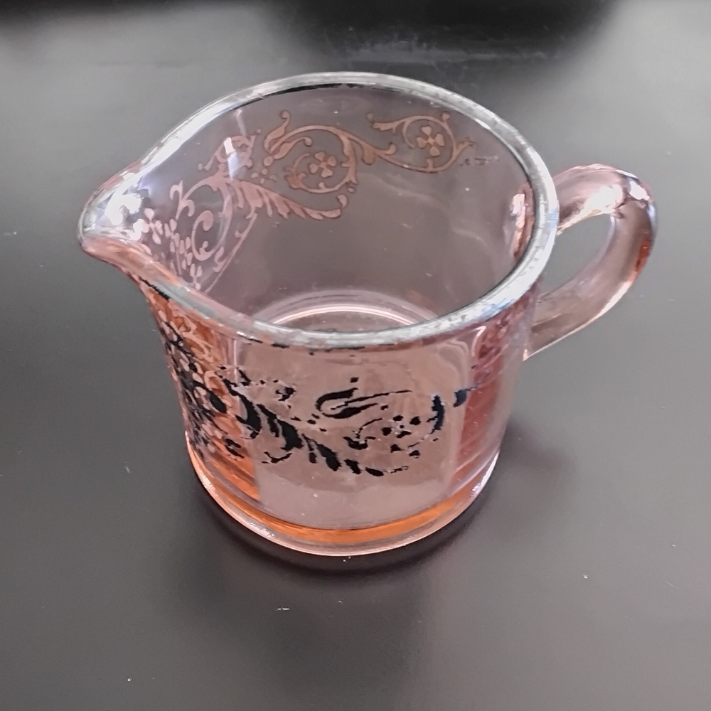 Vintage Pink Depression Glass Creamer and Sugar Set with Silver Overlay - Picture 8 of 8